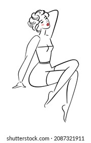 Pin up girl, line drawing of a beautiful sitting woman. Retro style