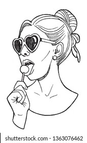 Pin Up girl with lollipop. Girl with glasses of heart. 