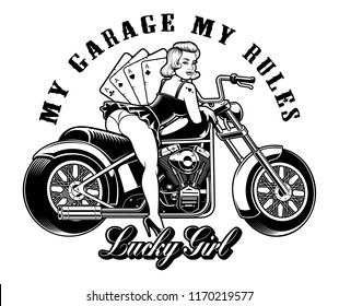 Pin up girl with motorcycle and playing cards. Black and white illustration for the t-shirts. Text is on the separate group.