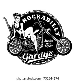 Pin up girl on motorcycle, monochrome vintage illustration on white background. All elements, text are on the separate layer. (monochrome version)