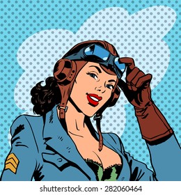 Pin Up Girl Pilot Aviation Army Beauty Pop Art Retro Comic Vintage