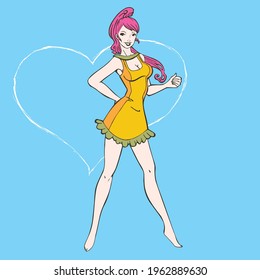 Pin up girl with pink hair smiling with a heart in the background