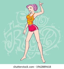 Pin up girl with purple hair and hibiscus flower pattern top pointing with her hand