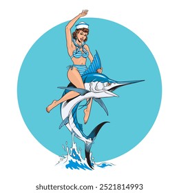 Pin up chica montando pez marlin azul. Concepto de la pesca del océano, pez espada saltando y mujer bonita joven aislada en el fondo blanco. Ilustración vectorial de estilo Antiguas