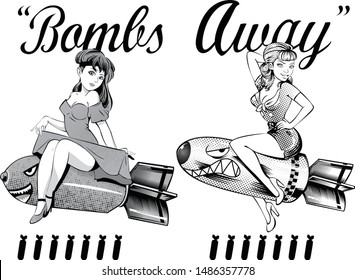 Pin girl sit on the bomb with text bombs away, good for shirt pattern and fashion