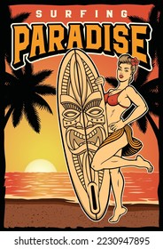 Pin up girl with a surfboard on sunset beach poster in vintage style