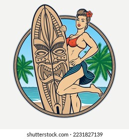 Pin up girl Surfer vector illustration, this design can be used as t-shirt print