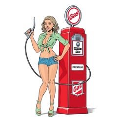 Pin Up Girl Vintage Gas Station And Fuel Pump Isolated On White Background. Comic Style Vector Illustration.