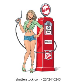 Pin up girl vintage gas station and fuel pump isolated on white background. Comic style vector Illustration.