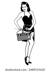 Pin up Chica y Antiguas Radio portátil. Vector Clipart aislado en blanco.