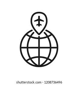 Pin with Global Icon, travel around the world concept. Simple flat design. Isolate on white background.