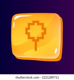 Pin glossy ui button with pixelated icon. Marking important content. Editable 8bit graphic element on shiny square shape. Isolated vector user interface image for web, mobile. Retro style game design