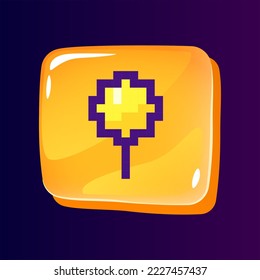 Pin glossy ui button with pixelated color icon. Marking important content. Digital tool. Editable 8bit graphic element on shiny glass rectangle shape. Isolated image for arcade, video game design