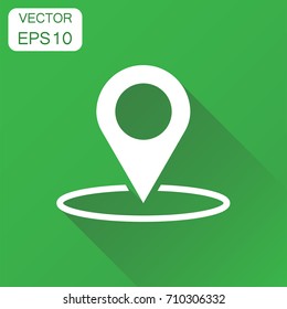 Pin gps icon. Business concept location map pictogram. Vector illustration on green background with long shadow.