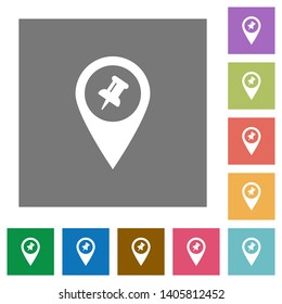 Pin GPS map location flat icons on simple color square backgrounds