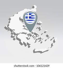 Pin with Greece flag over greek silhouette map hanging in air