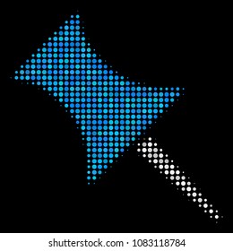 Pin halftone vector icon. Illustration style is dotted iconic pin symbol on a black background. Halftone structure is created with round spots.