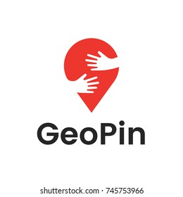 Pin with hands hug logo design template. Hand hug in map pin vector illustration