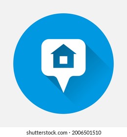 Icono del vector de inicio en fondo azul. Imagen plana con sombra larga.