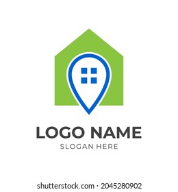 pin house logo design, house and pin, combination logo with flat blue and green color style