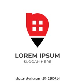 pin house logo vector, house and pin, combination logo with flat red and black color style