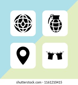pin icon. 4 pin set with maps and location, clothes hanging on rope for drying, hand grenade and maps and flags vector icons for web and mobile app