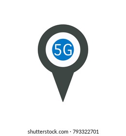 Pin icon with 5G sign symbol. Navigation travel direction pointer.