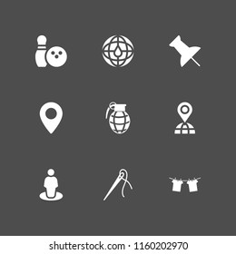 pin icon. 9 pin set with bowling, gps, needle with thread to sew clothes and maps and flags vector icons for web and mobile app