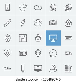 Pin icon with cell phone, feather and radio editable symbols. Set of plant, brew, tuner icons and van concept. Editable vector elements for logo app UI design.