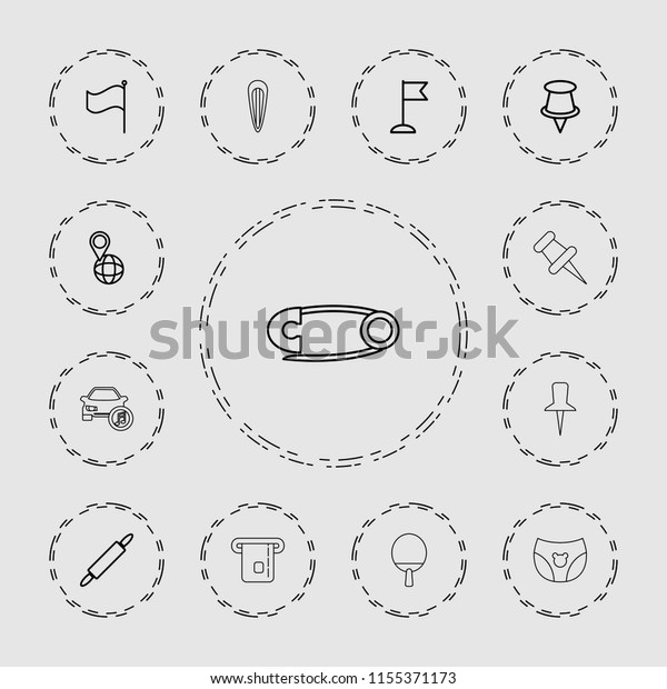 Pin icon. collection of 13 pin outline\
icons such as flag, children panties, hair barrette, credit card in\
atm. editable pin icons for web and\
mobile.