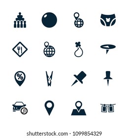Pin icon. collection of 16 pin filled icons such as bowling, location, photos on rope, restaurant, bowling ball, children panties. editable pin icons for web and mobile.