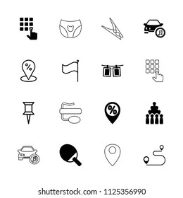 Pin icon. collection of 16 pin filled and outline icons such as bowling, photos on rope, sale location, flag, hand on atm, distance. editable pin icons for web and mobile.