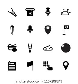 Pin icon. collection of 16 pin filled icons such as location, hand on atm, locations, hair barrette, credit card in atm, bowling ball. editable pin icons for web and mobile.
