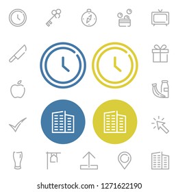 Pin icon with compass, upload and giftbox symbols. Set of click, watching, milk icons and vote concept. Editable vector elements for logo app UI design.