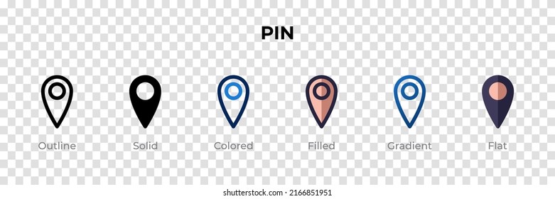 Pin icon in different style. Pin vector icons designed in outline, solid, colored, filled, gradient, and flat style. Symbol, logo illustration. Vector illustration