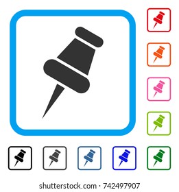 Pin icon. Flat gray pictogram symbol in a light blue rounded squared frame. Black, gray, green, blue, red, orange color variants of Pin vector. Designed for web and app interfaces.