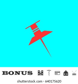 Pin icon flat. Red pictogram on blue background. Vector illustration symbol and bonus buttons Music center, corkscrew, credit card, house, drum