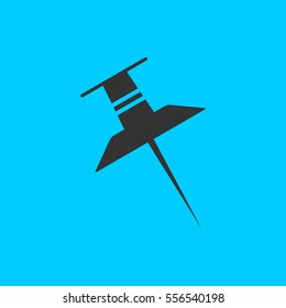 Pin icon flat. Simple vector black pictogram on blue background