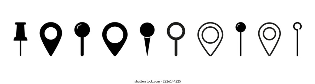 Pin icon. Geo mark vector set. Map pin sign. Pushpin board mark. Tack pointer thumbtack. Isolated push pin icons.