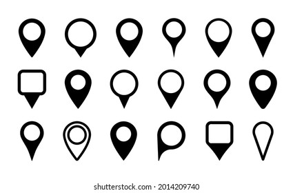 Pin Icon For Map Location. Point Marker For Gps, Geo Position And Place. Tag Or Symbol Of Destination In Travel And Road. Set Of Black Map Pointer On White Background. Sign Of Navigation. Vector.