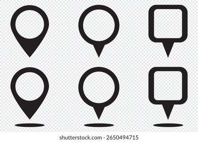 Pin icon for map location. Pointer, marker for GPS, geo position and place. Tag or symbol of destination in travel and road. Set of red, black map point on transparent background. Sign of navigation. 