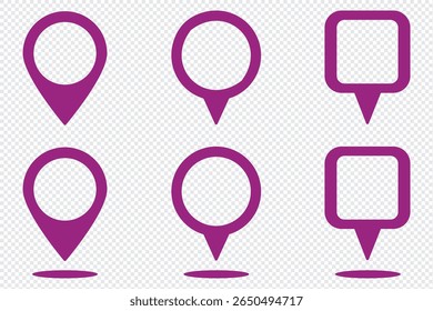Pin icon for map location. Pointer, marker for GPS, geo position and place. Tag or symbol of destination in travel and road. Set of red, black map point on transparent background. Sign of navigation. 