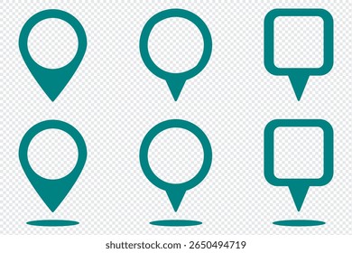 Pin icon for map location. Pointer, marker for GPS, geo position and place. Tag or symbol of destination in travel and road. Set of red, black map point on transparent background. Sign of navigation. 