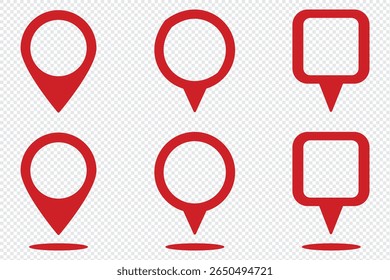 Pin icon for map location. Pointer, marker for GPS, geo position and place. Tag or symbol of destination in travel and road. Set of red, black map point on transparent background. Sign of navigation. 
