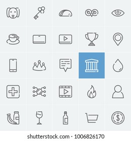 Pin icon with medical, cellphone and healthy food editable symbols. Set of goblet, film, opener icons and film concept. Editable vector elements for logo app UI design.