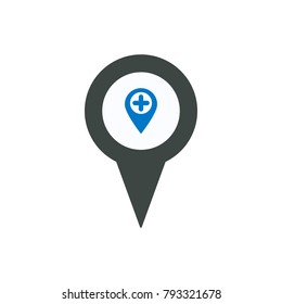 Pin icon plus. Navigation travel direction pointer.