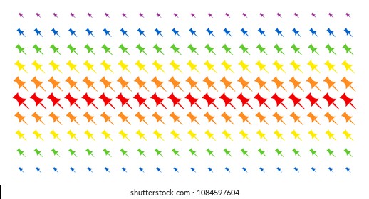 Pin icon rainbow colored halftone pattern. Vector objects organized into halftone matrix with vertical rainbow colors gradient. Constructed for backgrounds, covers,