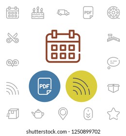 Pin icon with scissors, tea and bubble symbols. Set of parcel, calendar, pdf icons and doc concept. Editable vector elements for logo app UI design.