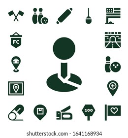 pin icon set. 17 filled pin icons.  Simple modern icons such as: Flag, Location, Placeholder, Gps, Road, Bowling, Safety pin, Rolling Stapler, Awl, Road sign