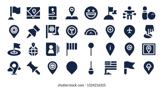 pin icon set. 32 filled pin icons. on blue background style Simple modern icons about  - Flag, Placeholder, Gps, Push pin, Flags, Contact, Location, Yahoo, Pastry, Awl, Voodoo doll